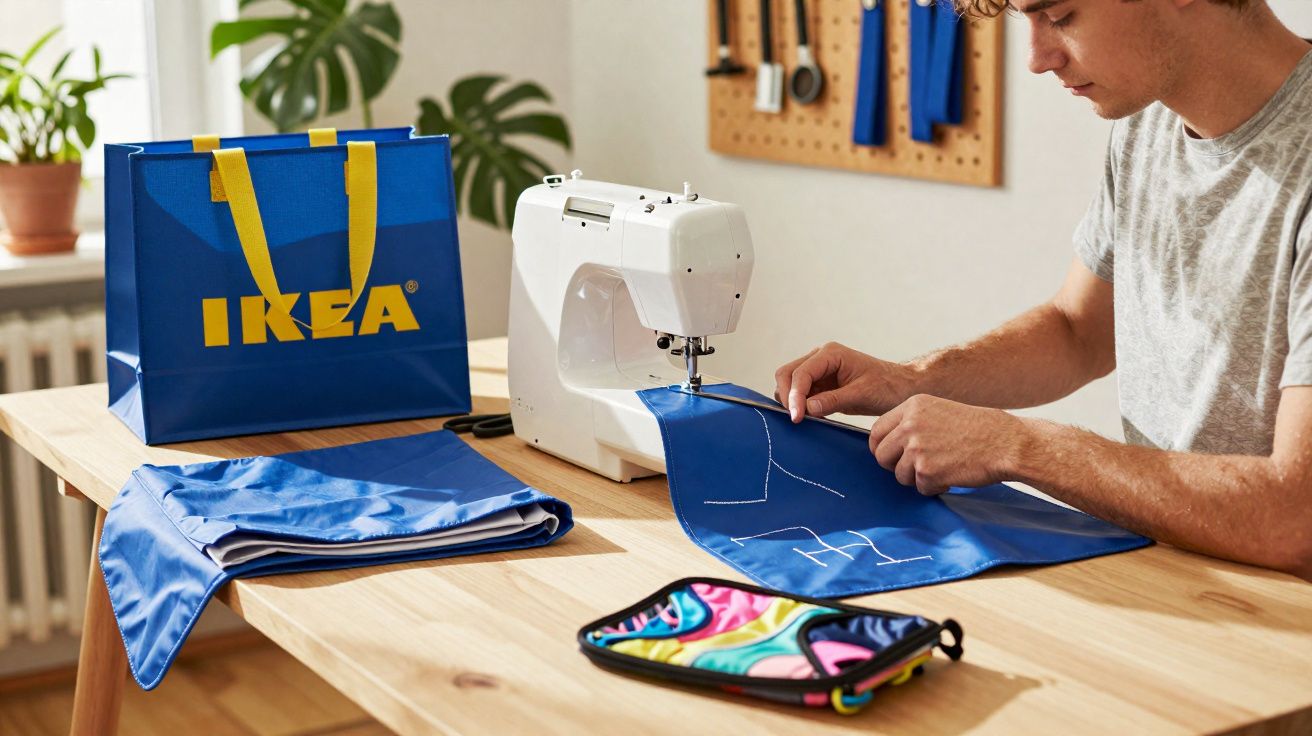 Pessoa usando máquina de costura para customizar tecido azul com sacola IKEA ao lado sobre mesa de madeira.