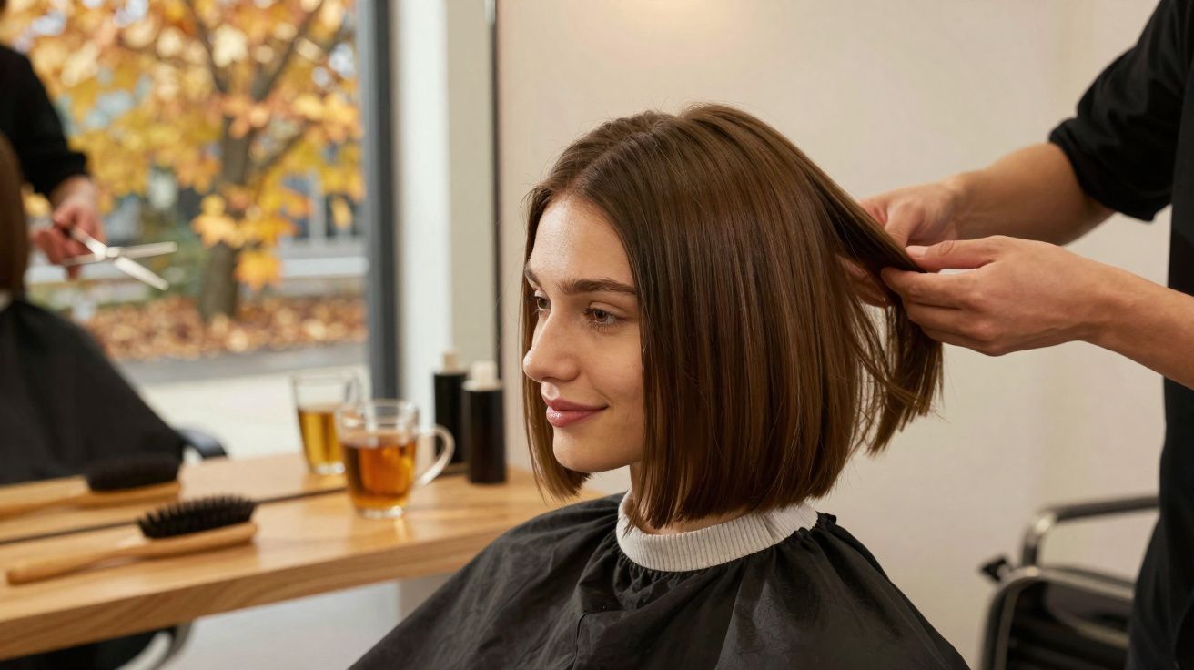 Mulher com cabelo castanho em corte chanel sendo penteada em salão de beleza com xícara na mesa.