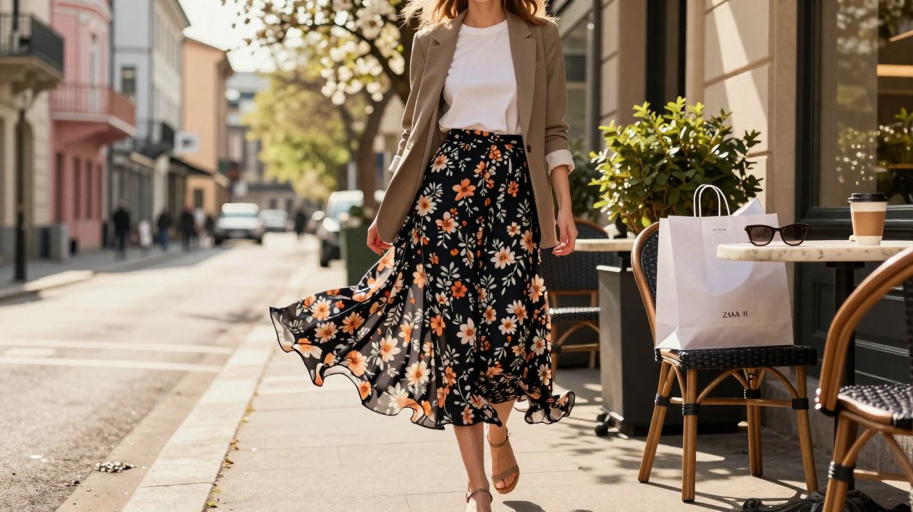 Mulher caminhando na calçada com saia floral, blusa branca, blazer bege e sandálias em dia ensolarado.