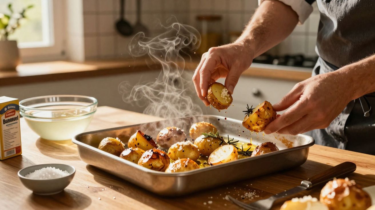 Mãos temperando batatas assadas em tabuleiro com ervas e sal, em cozinha iluminada e arejada.