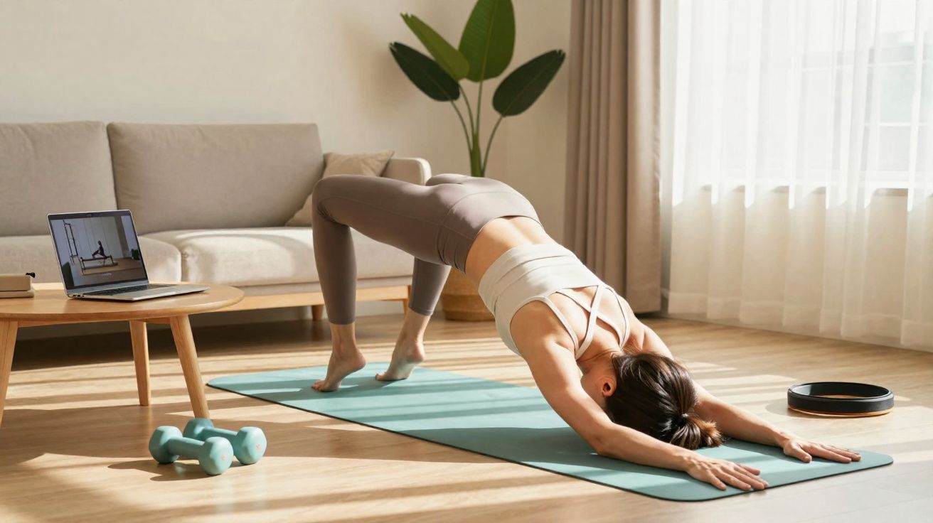 Mulher fazendo yoga em tapete azul em sala iluminada, com laptop e halteres ao lado.