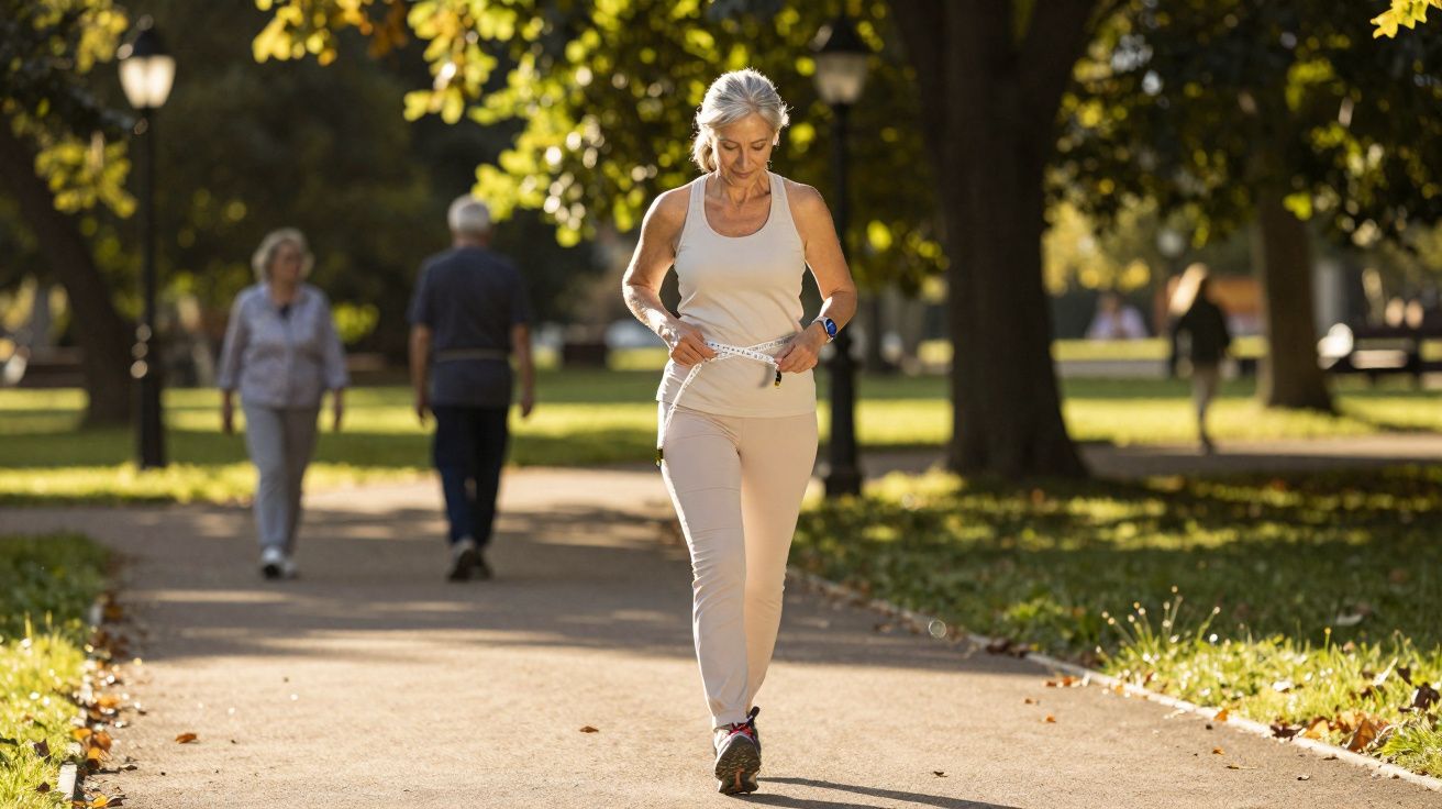 Mulher madura caminhando ao ar livre em parque, medindo cintura com fita métrica no final da tarde.