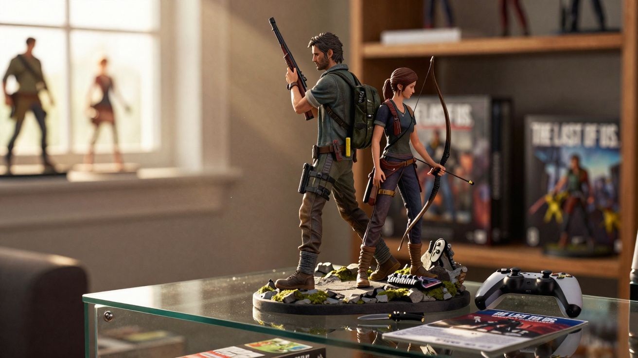 Estátua dos personagens Joel e Ellie do jogo The Last of Us sobre mesa de vidro com controle de videogame ao lado.