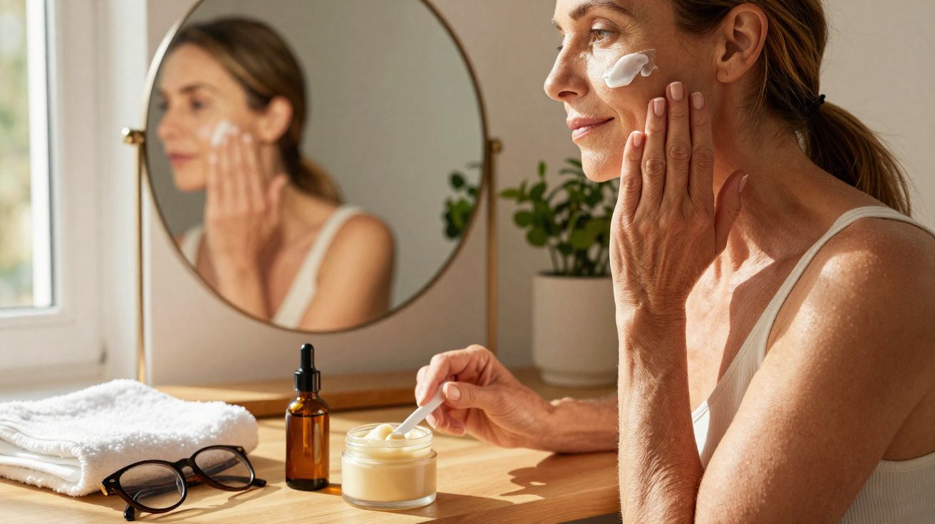 Mulher aplicando creme facial com olhos protegidos por patches, sentada em frente a um espelho redondo.