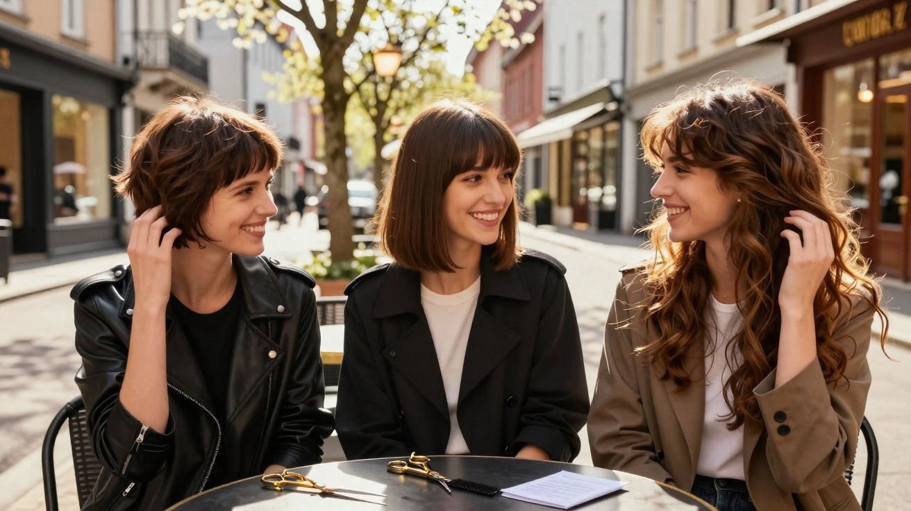 Três mulheres sorrindo sentadas à mesa em área urbana ao ar livre em dia ensolarado.