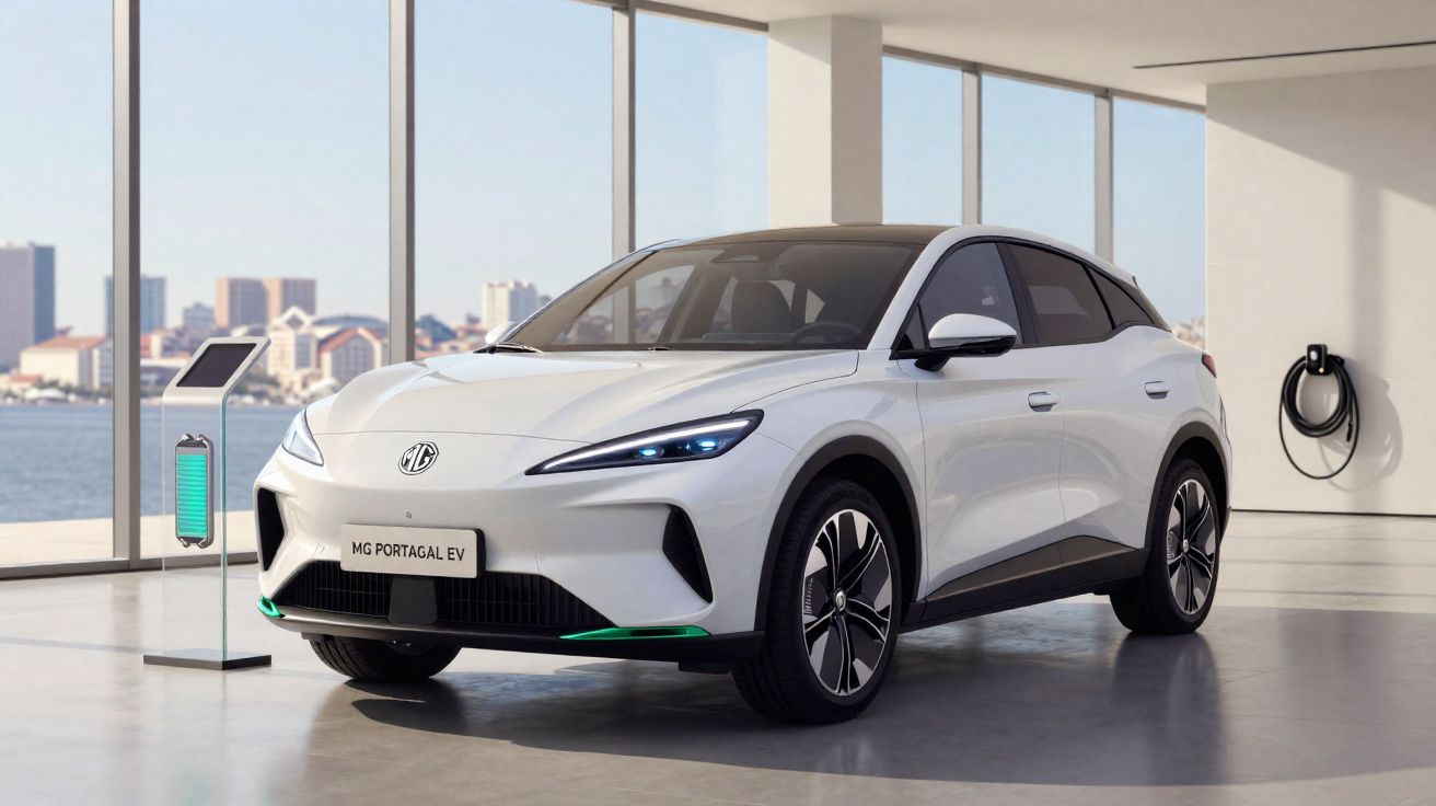 Carro elétrico branco MG Portugal EV estacionado em ambiente interno com grandes janelas e estação de recarga.