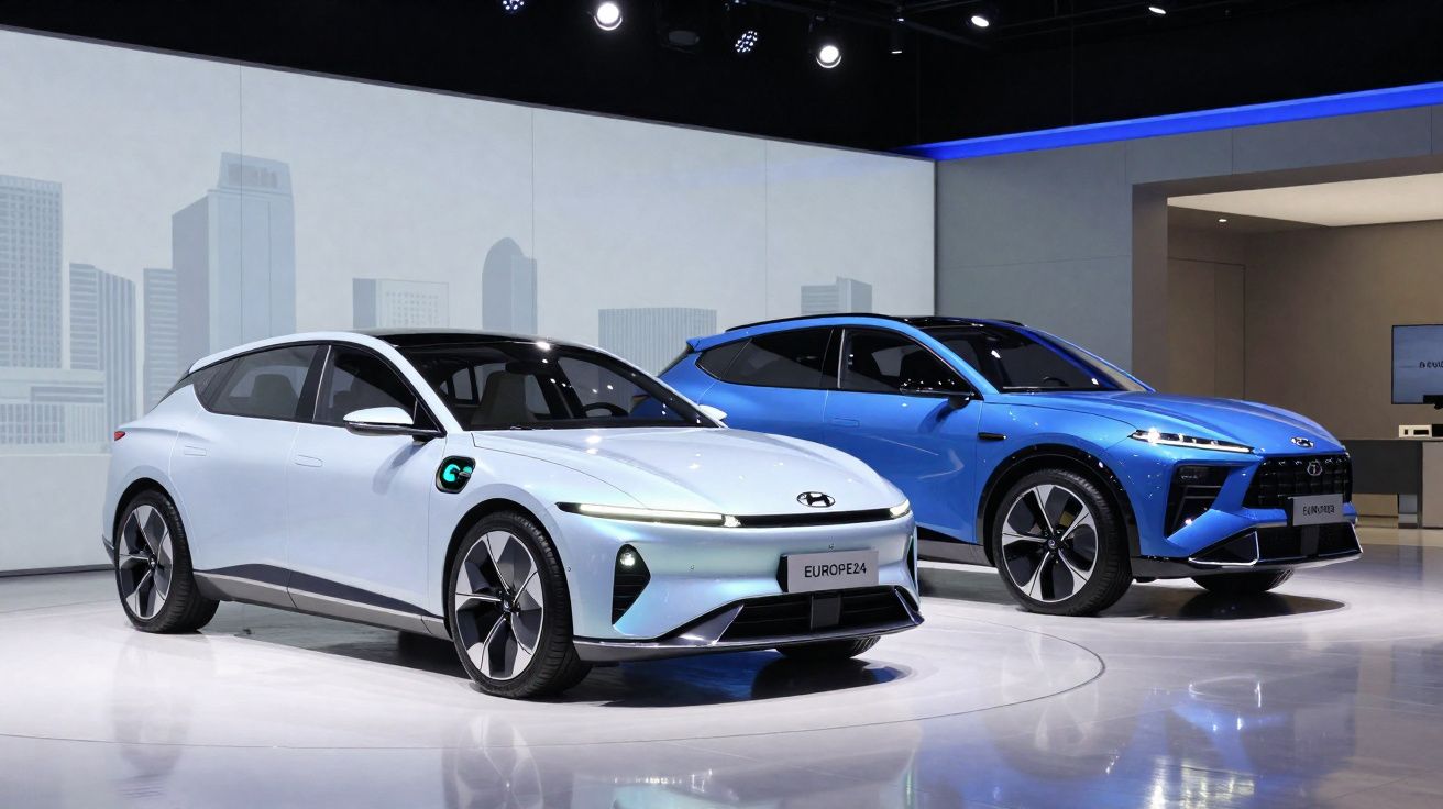 Dois carros elétricos Hyundai, um branco e um azul, exibidos em ambiente moderno com iluminação artificial.