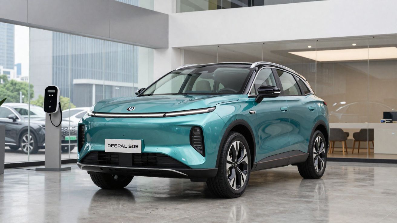 Carro elétrico azul turquesa Deepal S05 estacionado em showroom moderno com piso de cimento polido.