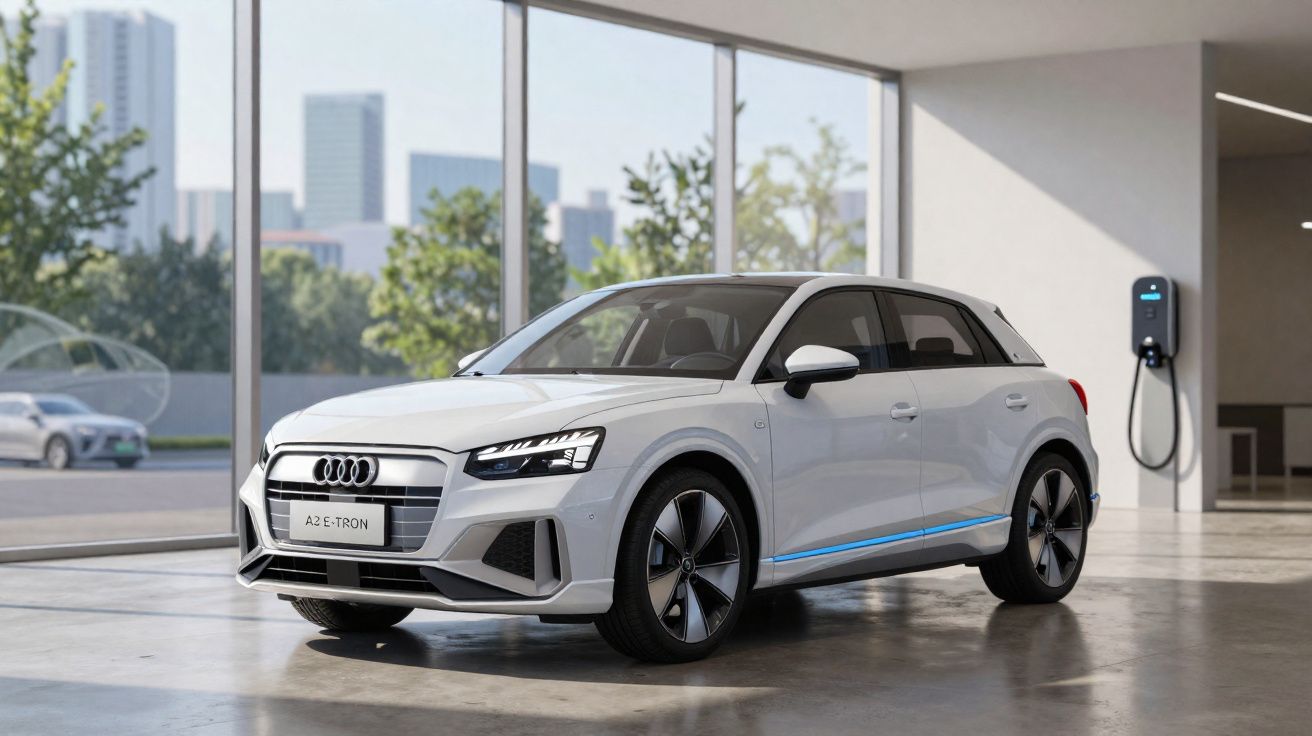 Carro elétrico branco Audi A2 e-tron estacionado em garagem moderna com carregador ao fundo.
