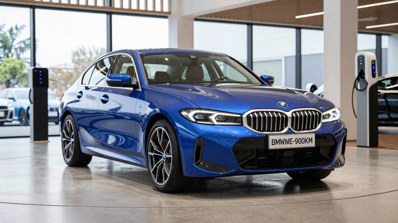 Carro azul BMW sedan exposto em showroom moderno com luz natural e carregadores elétricos ao fundo.
