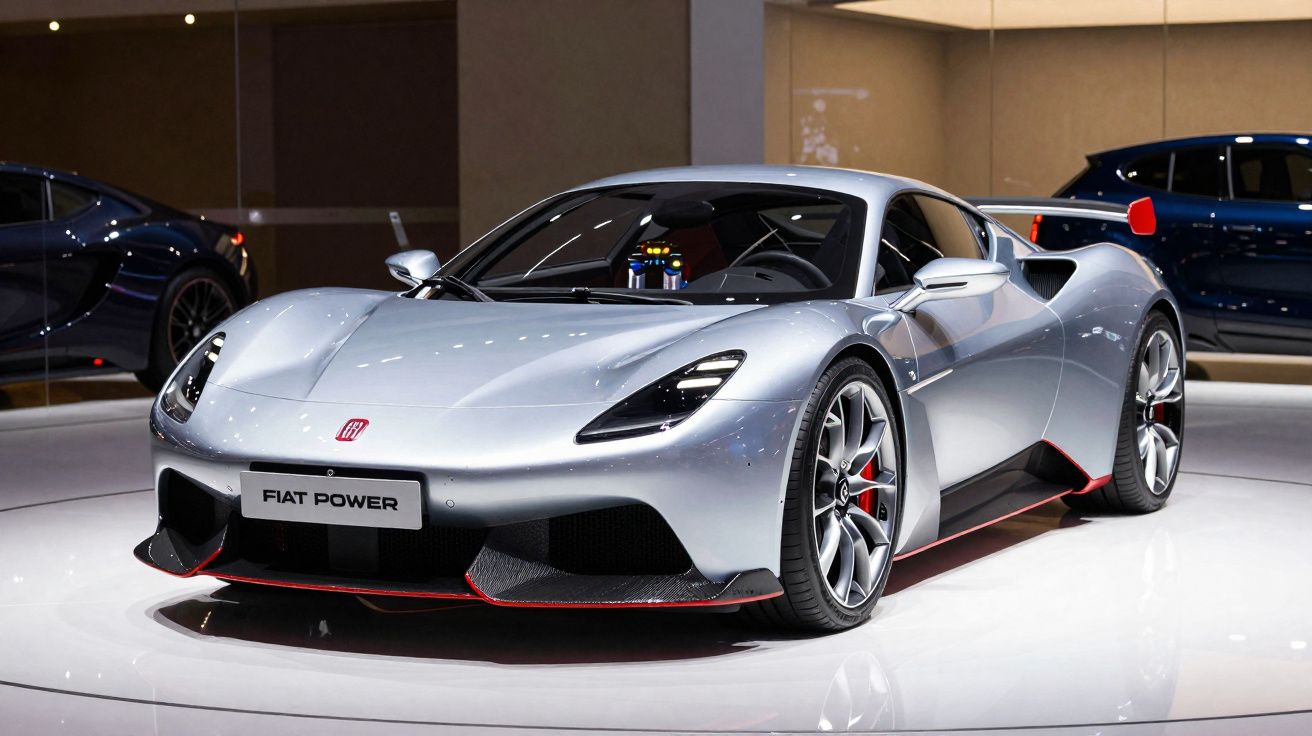 Carro esportivo cinza prata com placa frontal "Fiat Power" exibido em ambiente interno.