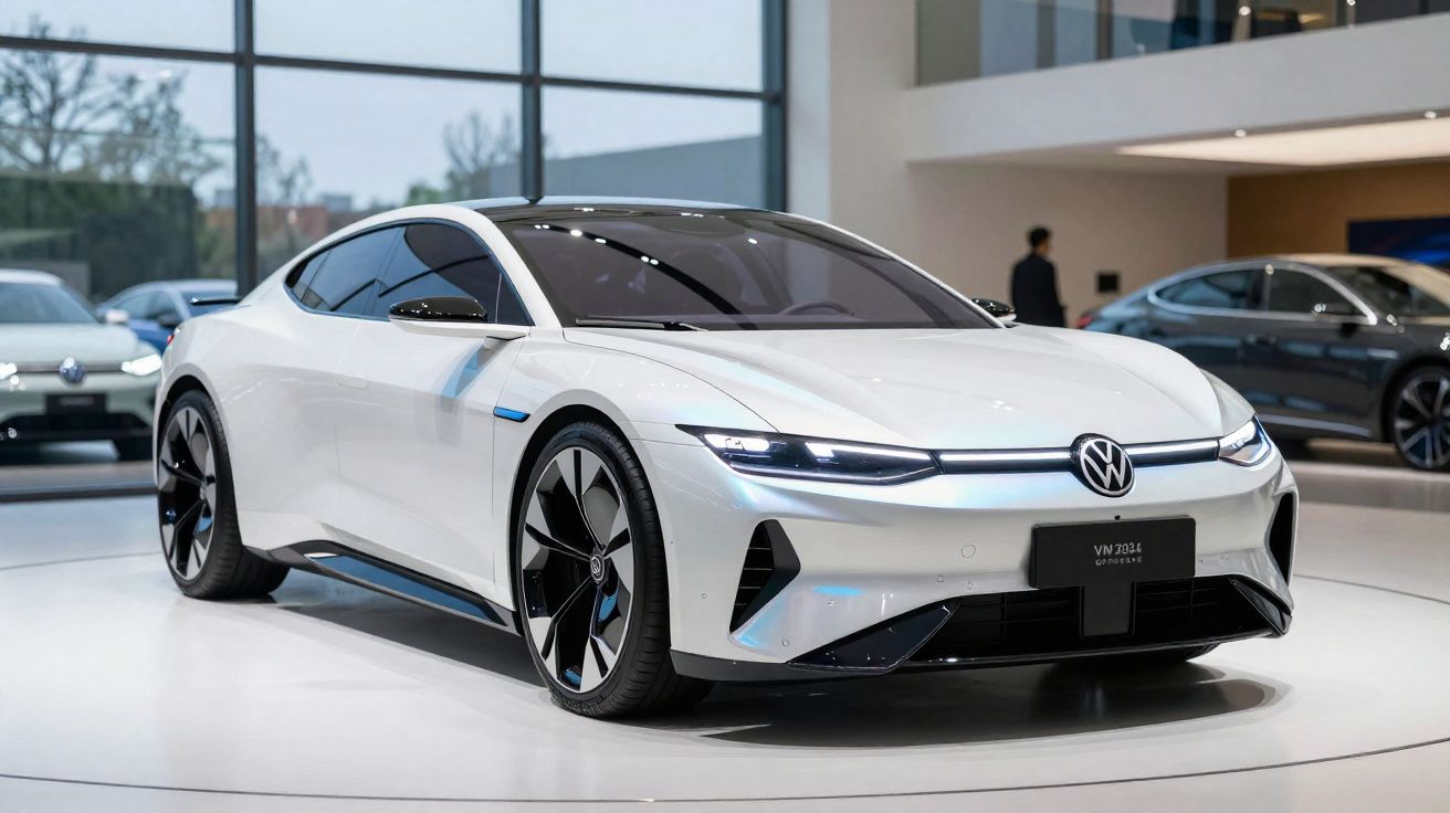 Carro elétrico branco Volkswagen ID. Aero exposto em salão de automóveis com design aerodinâmico moderno.