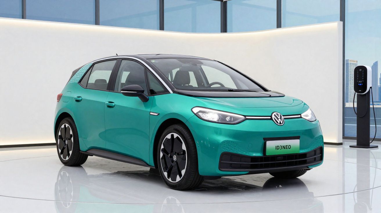 Carro elétrico Volkswagen ID.3 NEO verde em exposição interna com estação de recarga ao fundo.