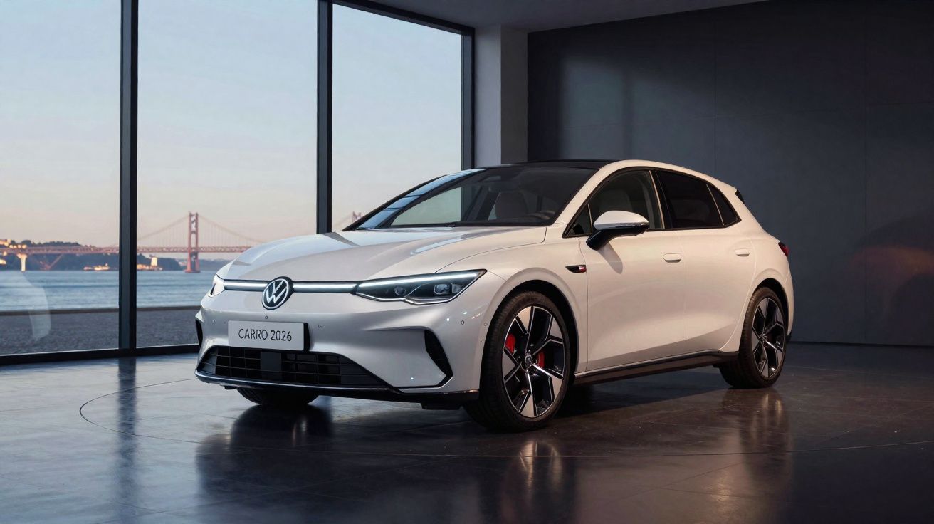 Carro elétrico branco Volkswagen modelo 2026 em ambiente interno com janelas grandes e vista para ponte.