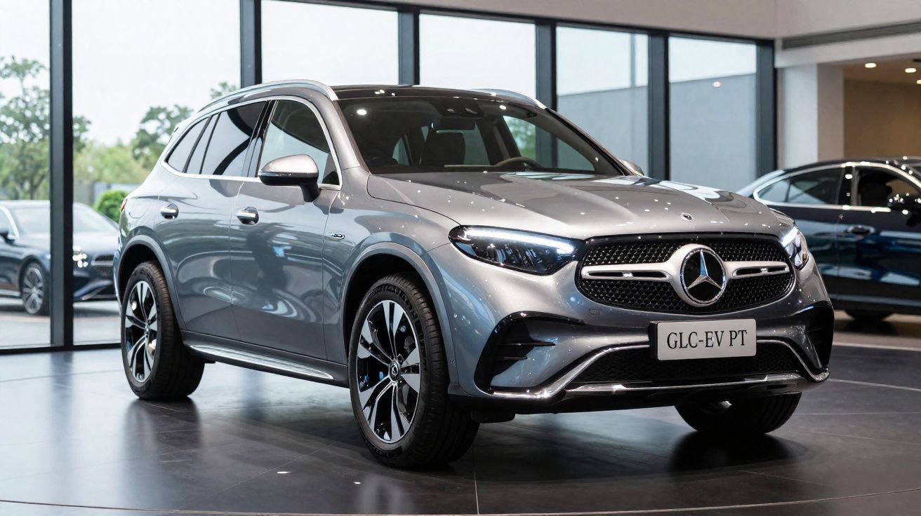 Carro SUV elétrico Mercedes-Benz prata modelo GLC-EV PT em showroom moderno com piso escuro.