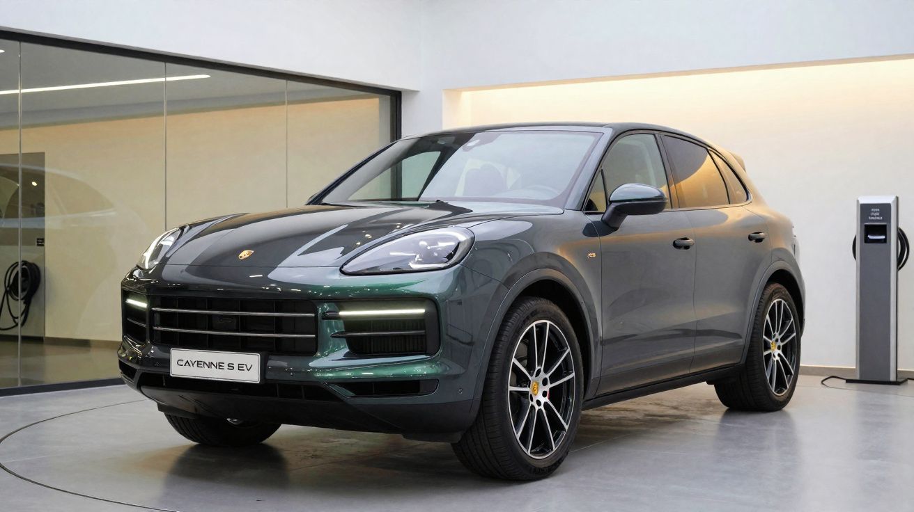 Carro elétrico SUV Porsche Cayenne S EV verde escuro em showroom moderno com parede branca e piso cinza.