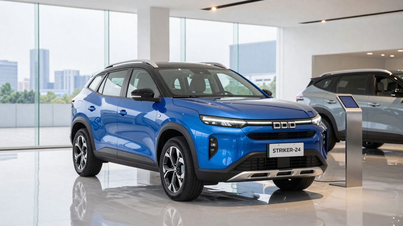 SUV azul DDIO Striker-24 em showroom moderno com piso e paredes brancas e grandes janelas de vidro.