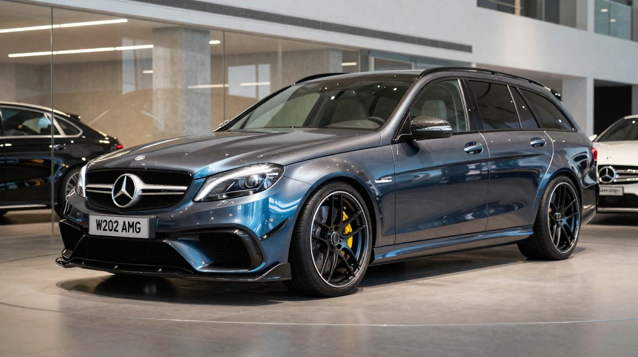 Carro Mercedes-Benz W202 AMG cinza escuro estacionado em showroom moderno com piso cinza.