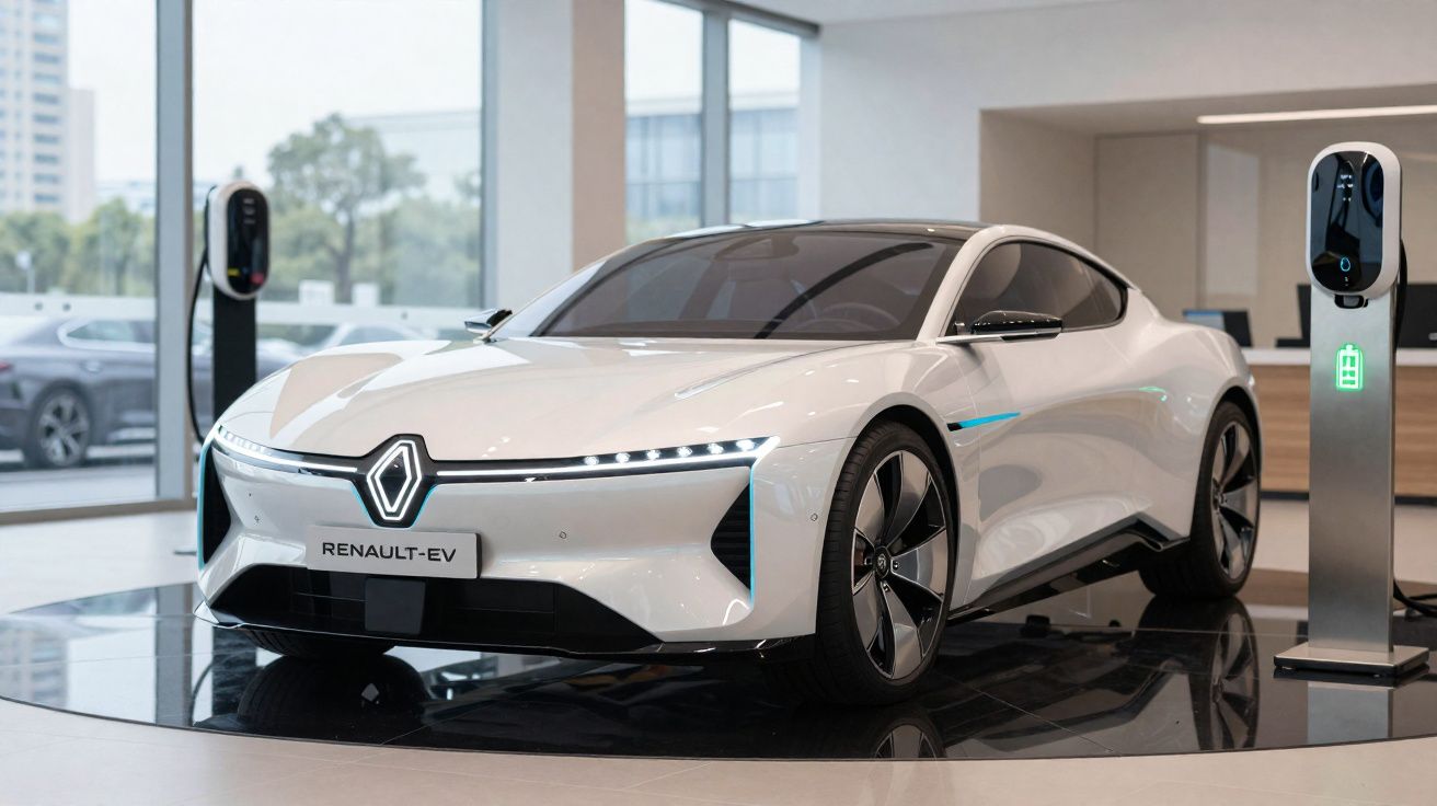 Carro elétrico branco da Renault em exposição com estação de carregamento em ambiente moderno e iluminado.