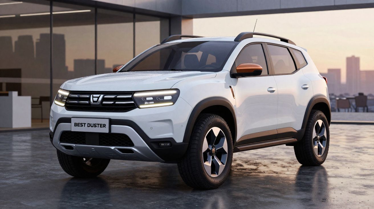SUV branco modelo Best Duster estacionado em área urbana com prédios ao fundo durante o pôr do sol.