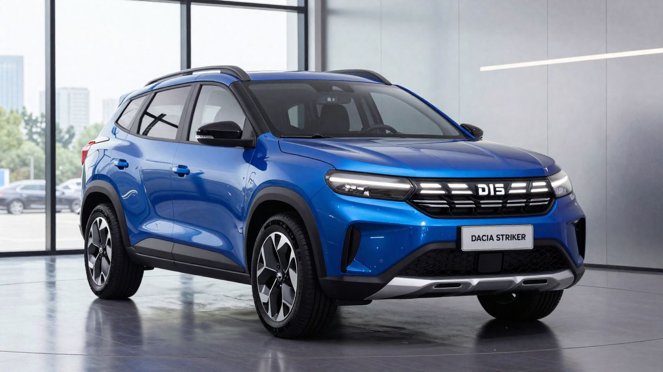 SUV Dacia Striker azul exibido em ambiente interno moderno com iluminação natural.