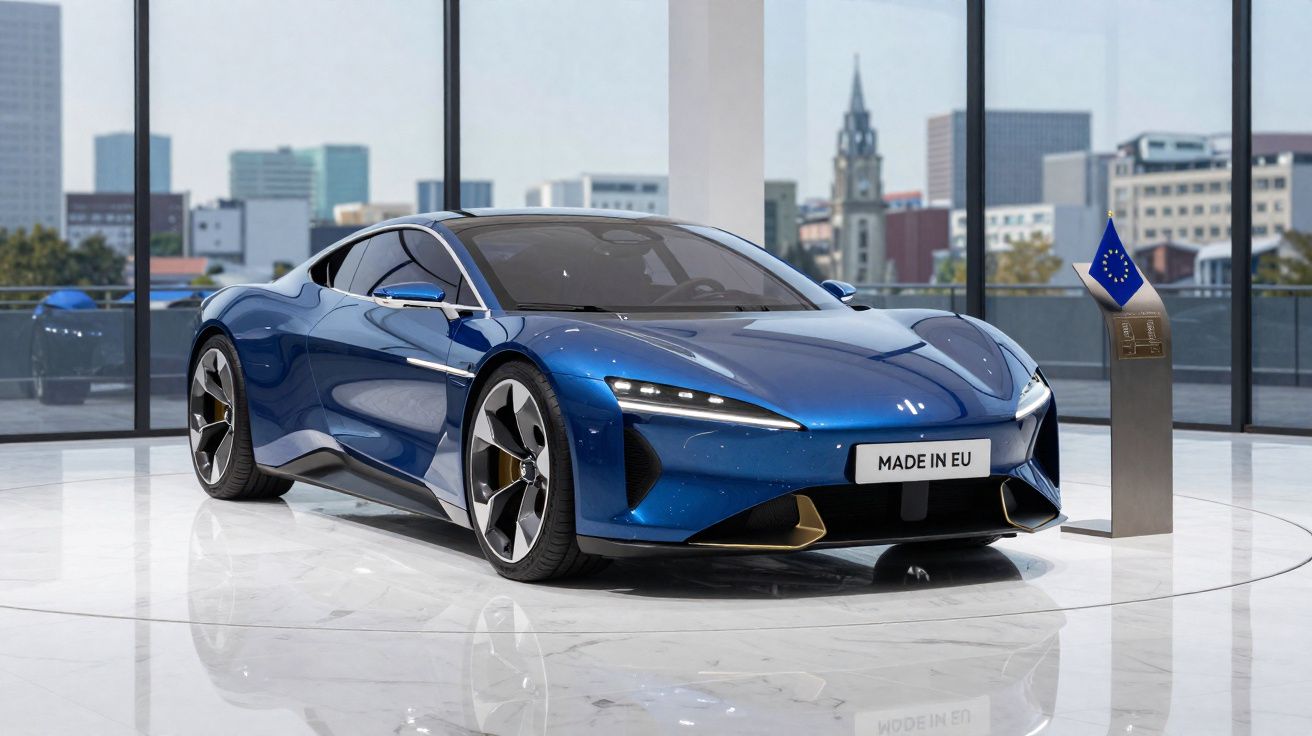 Carro esportivo azul reluzente exposto em ambiente moderno com placa "Made in EU" ao lado da bandeira da União Europeia.