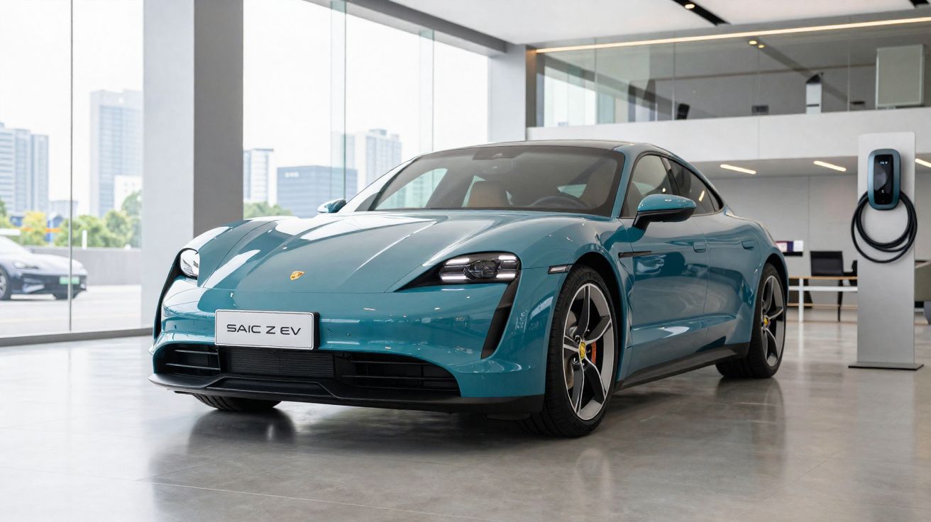 Carro elétrico azul SAIC Z EV em exibição em showroom moderno com janelas panorâmicas.