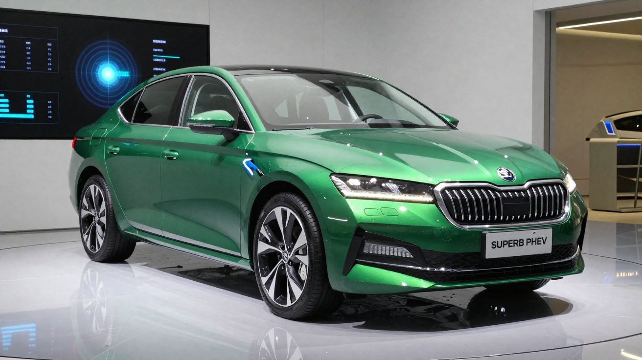 Carro elétrico verde Skoda Superb PHEV exposto em salão de automóveis moderno.