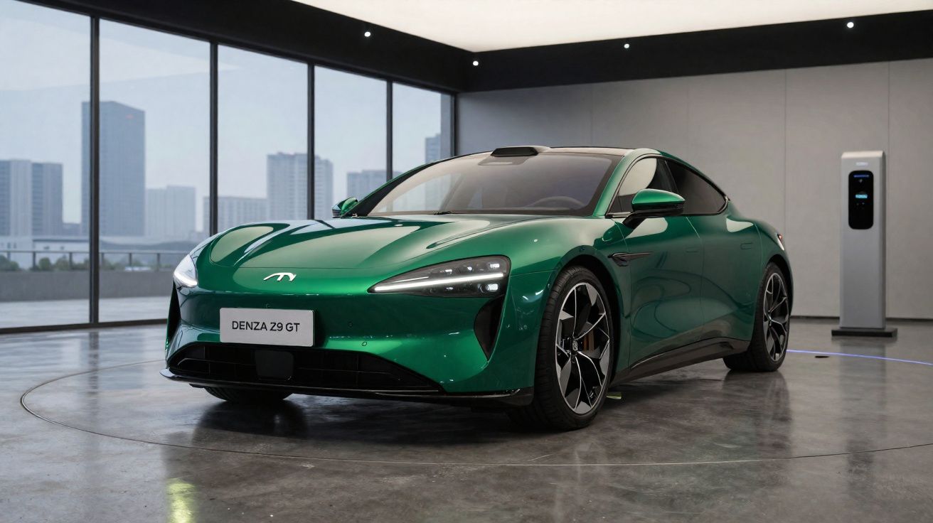 Carro elétrico verde Denza Z9 GT em showroom moderno com parede cinza e janelas grandes.