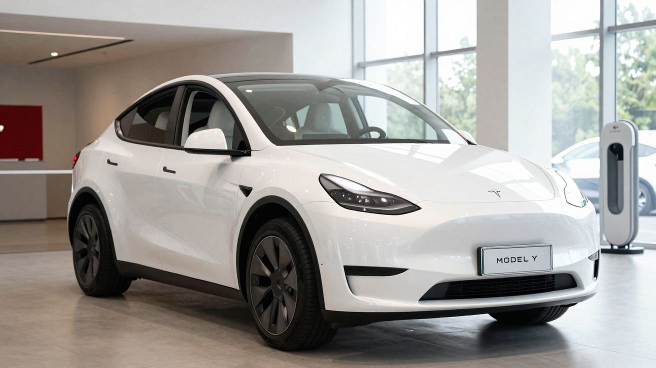 Carro elétrico branco Tesla Model Y estacionado em showroom moderno com piso cinza e janelas amplas.
