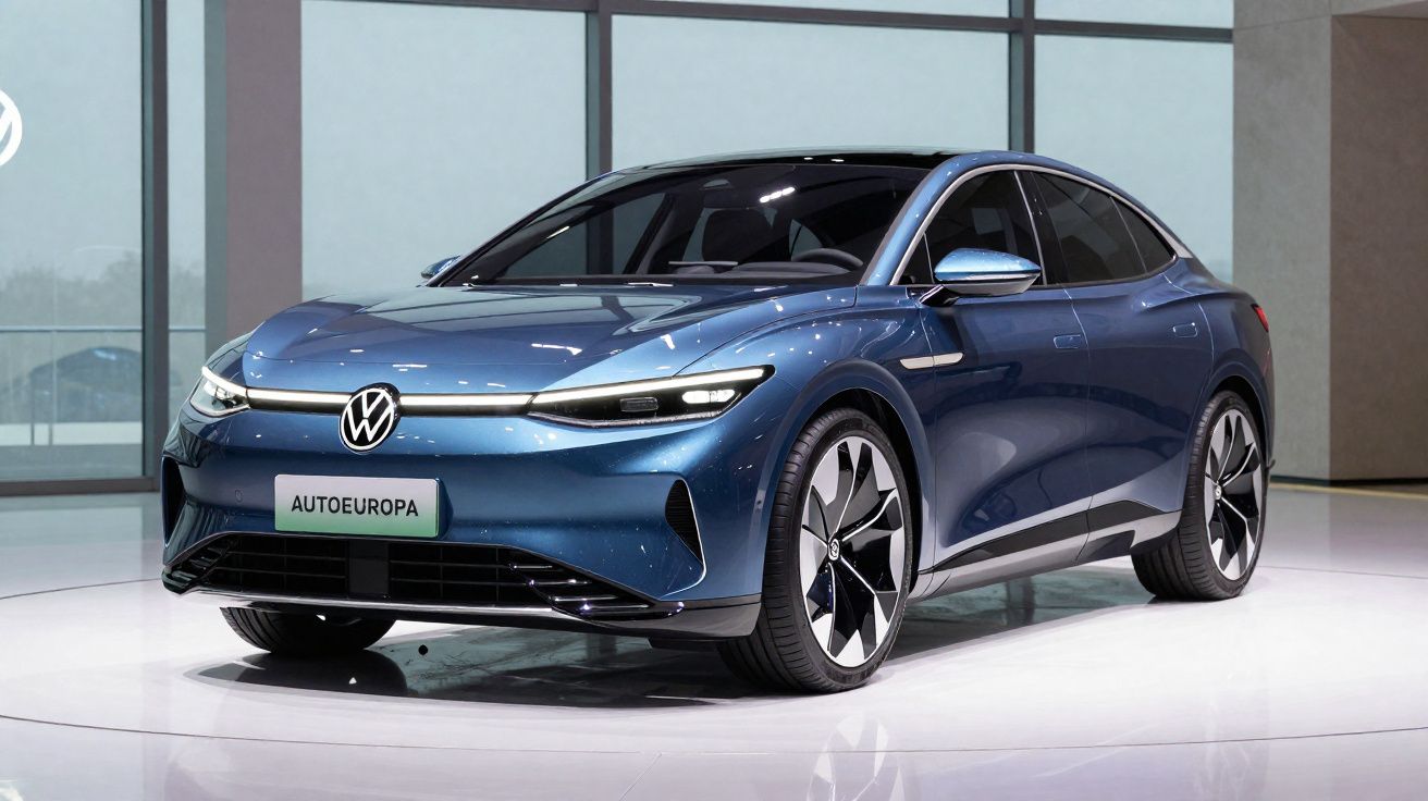 Carro elétrico Volkswagen azul exposto em ambiente interno moderno e iluminado.