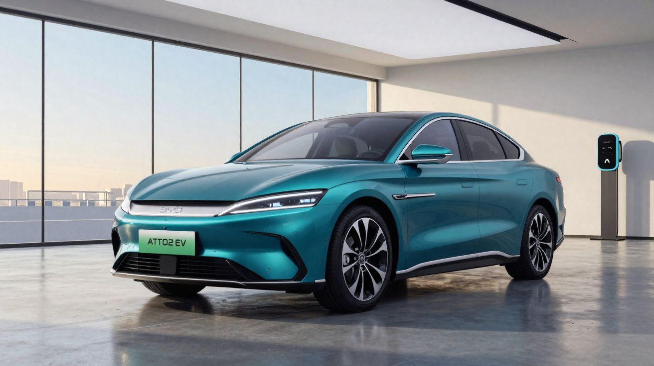 Carro elétrico azul ATTO 2 EV em garagem moderna com parede de vidro e estação de recarga.