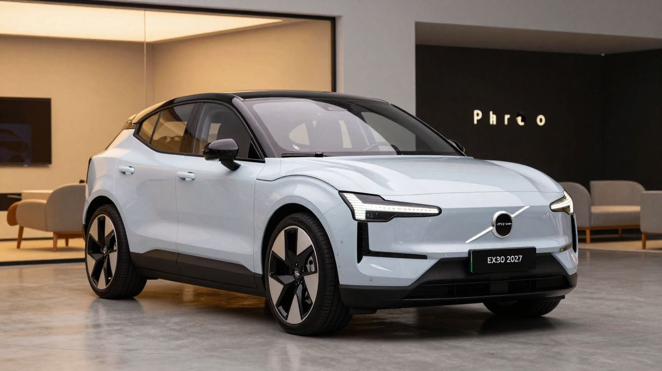 Carro elétrico branco modelo Ex30 2027 da Volvo em showroom moderno e iluminado.
