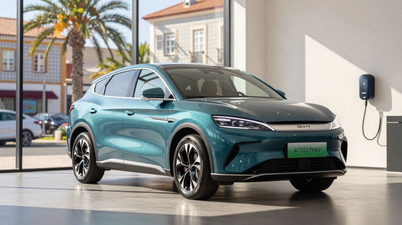 Carro elétrico verde em exposição, com carregador na parede ao fundo e ambiente iluminado por luz natural.
