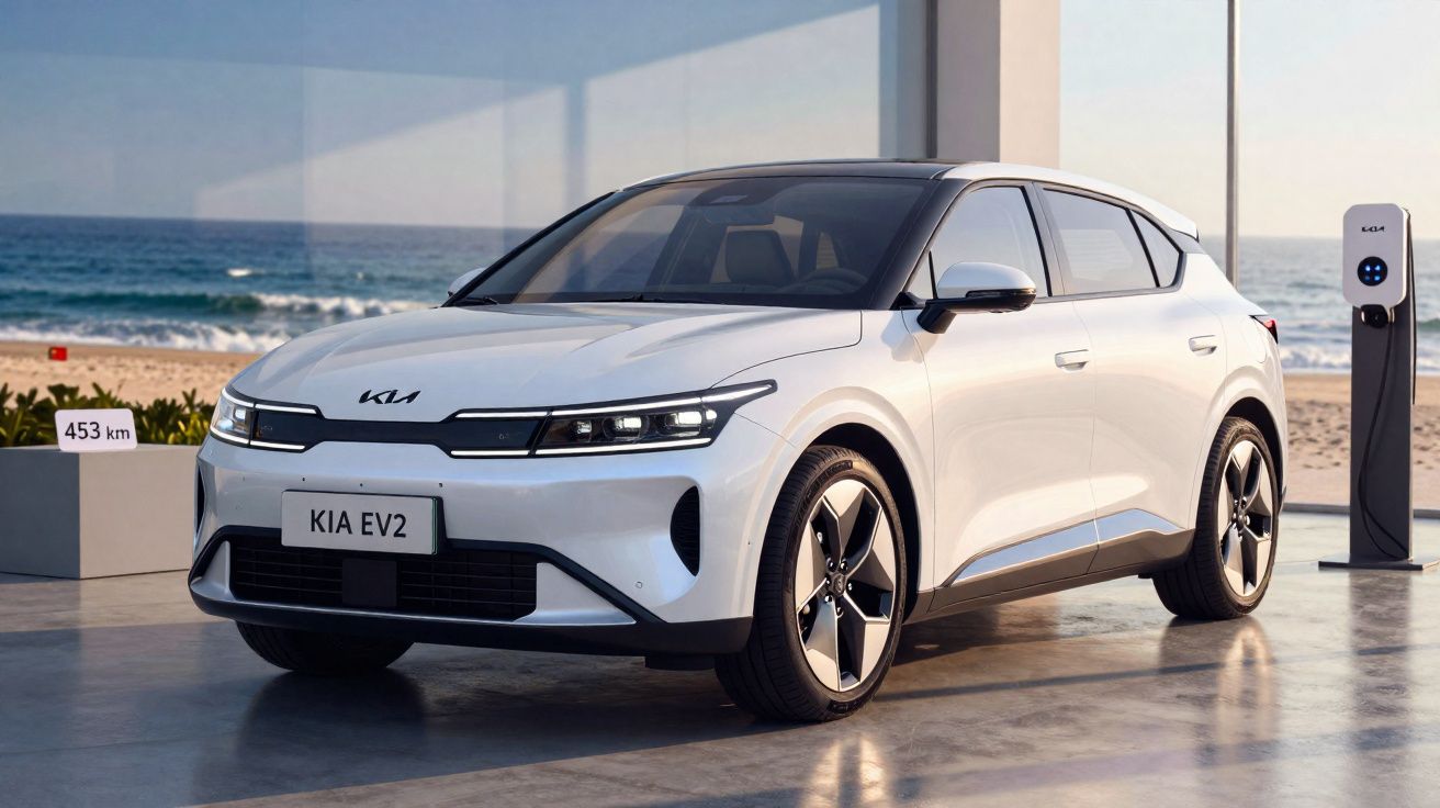 Carro elétrico Kia EV2 branco estacionado próximo à estação de recarga com vista para o mar ao fundo.