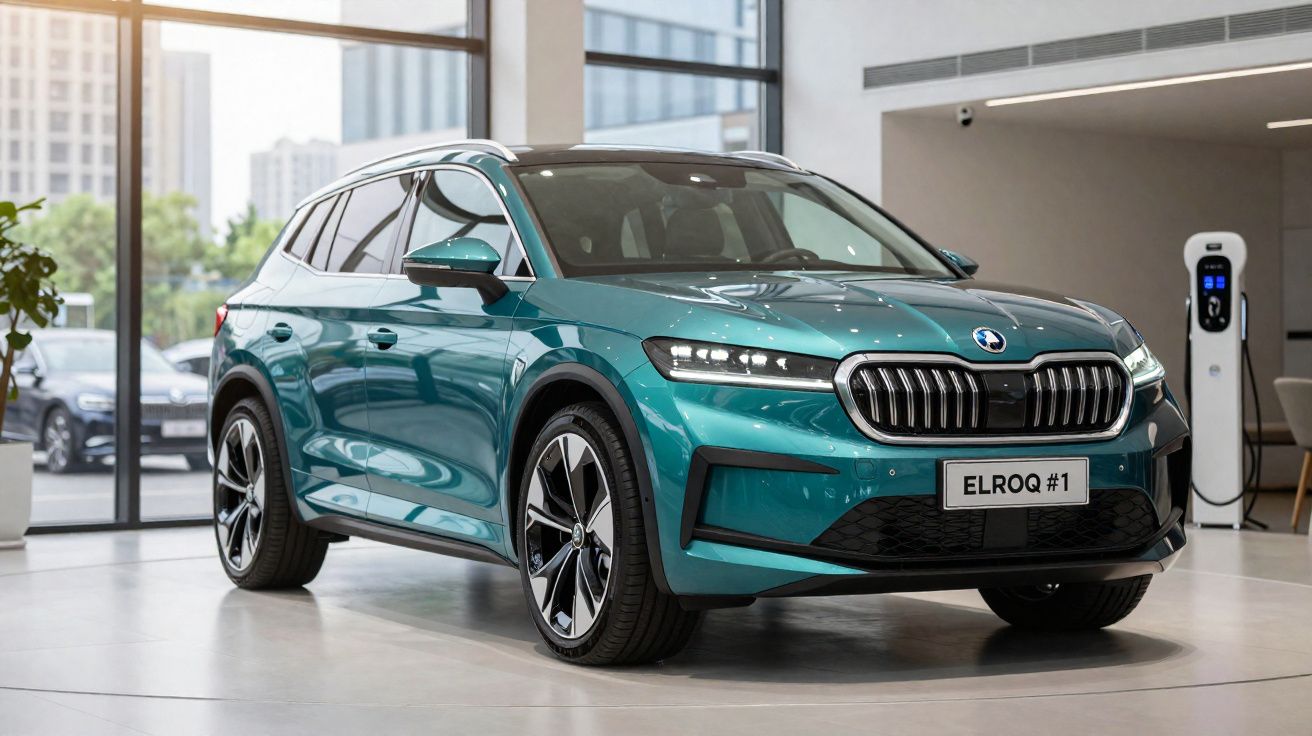 SUV elétrico verde azul em showroom moderno com carregador elétrico ao fundo.