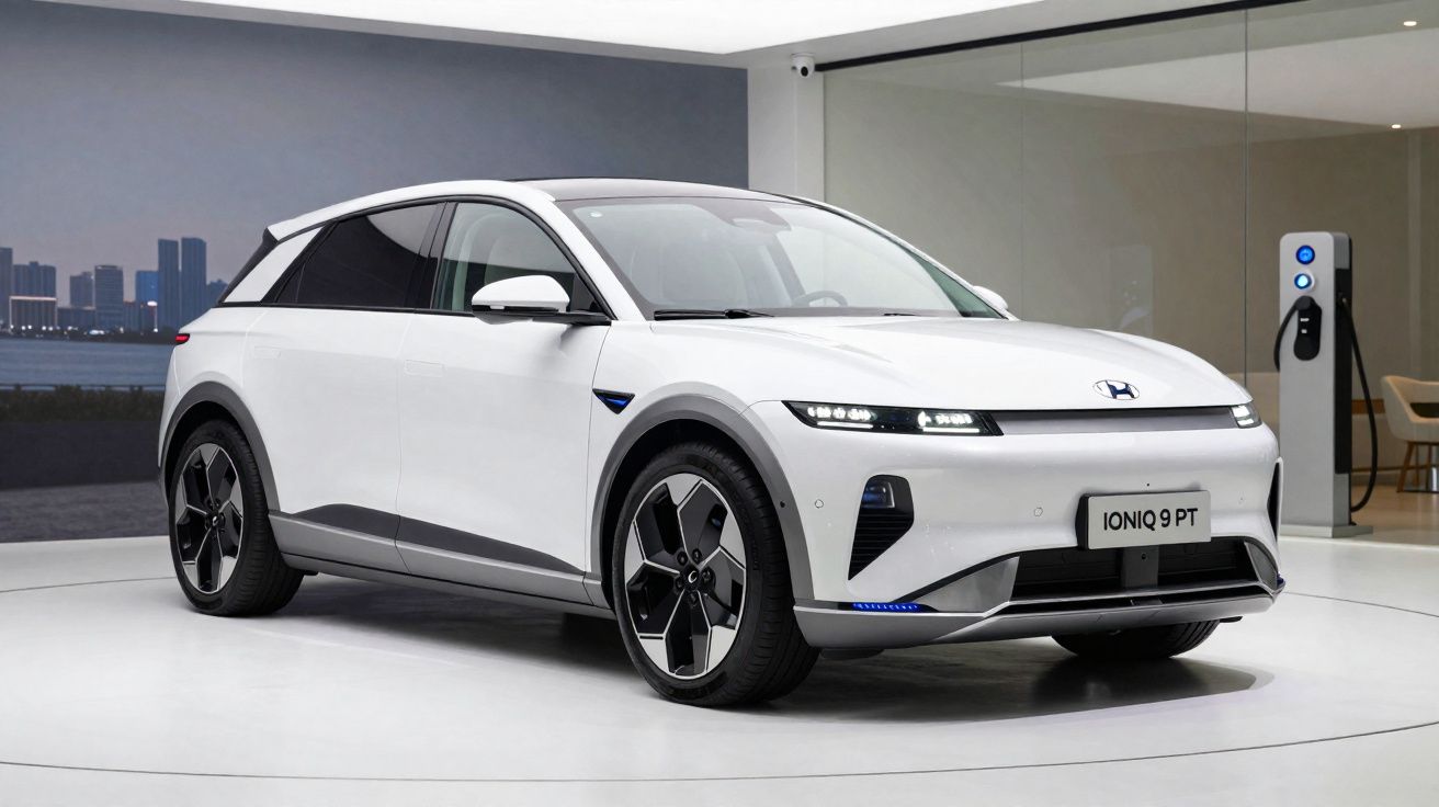 Carro branco Hyundai Ioniq 9 PT elétrico em exposição, design moderno com parede cinza ao fundo.