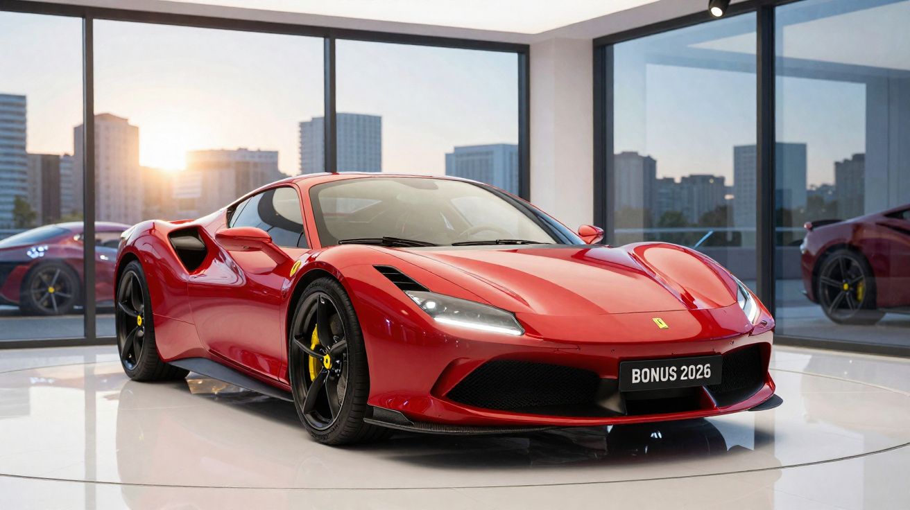 Carro esportivo vermelho com rodas pretas exibido em sala de vidro com vista para prédios urbanos ao pôr do sol.