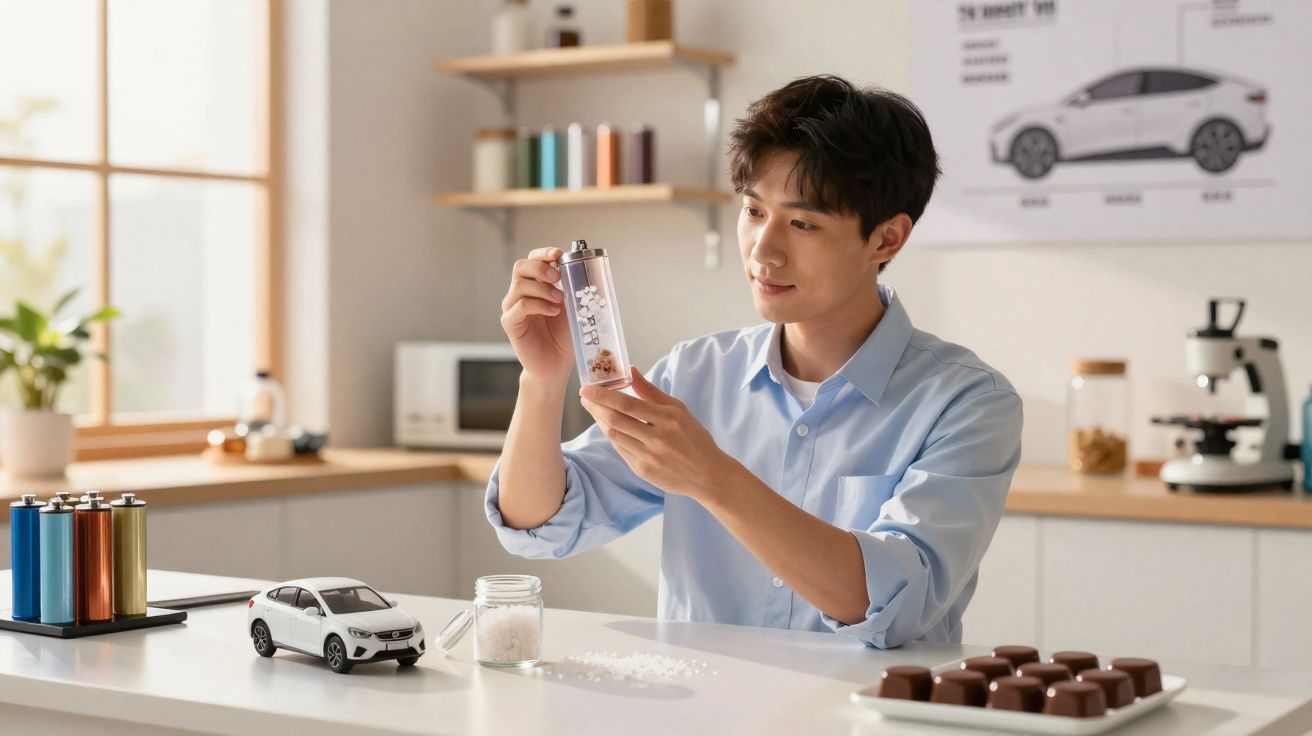 Homem analisando bateria transparente com cristais, com miniatura de carro elétrico em bancada de cozinha moderna.