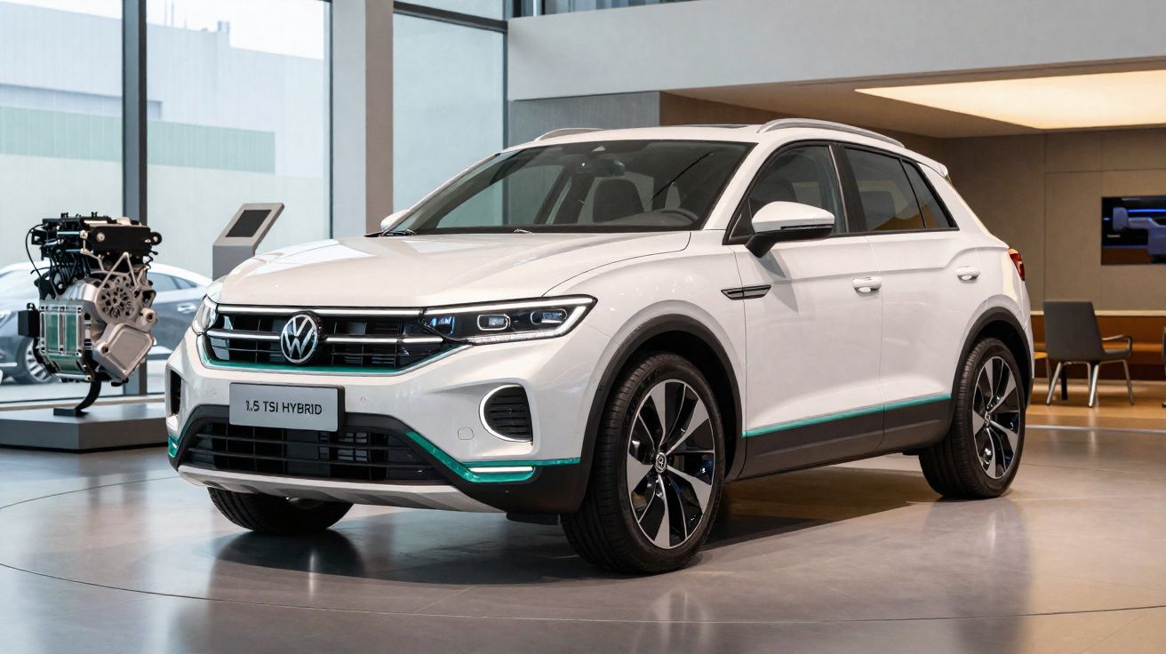 Carro SUV branco Volkswagen 1.5 TSI Hybrid exposto em showroom moderno com motor ao lado.