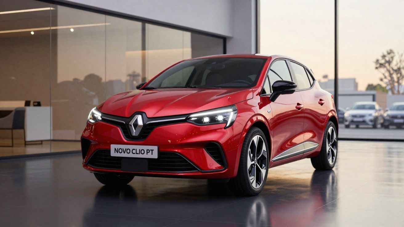 Carro vermelho Renault Novo Clio estacionado em piso interno com faróis ligados em ambiente moderno.