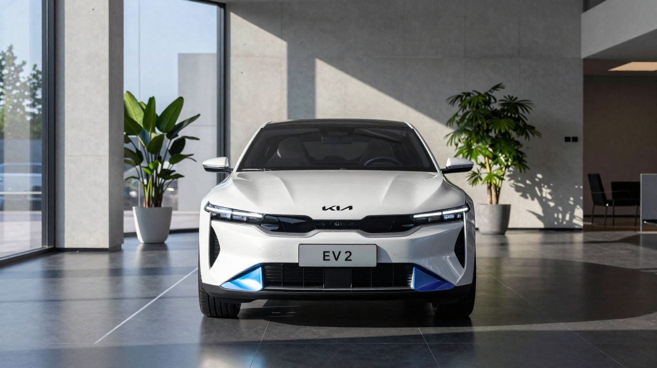 Carro elétrico branco Kia EV2 visto de frente em ambiente interno moderno com plantas ao fundo.