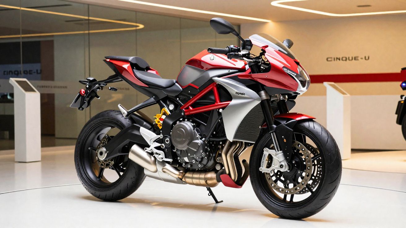 Motocicleta esportiva vermelha e preta em exposição interna sobre superfície branca.