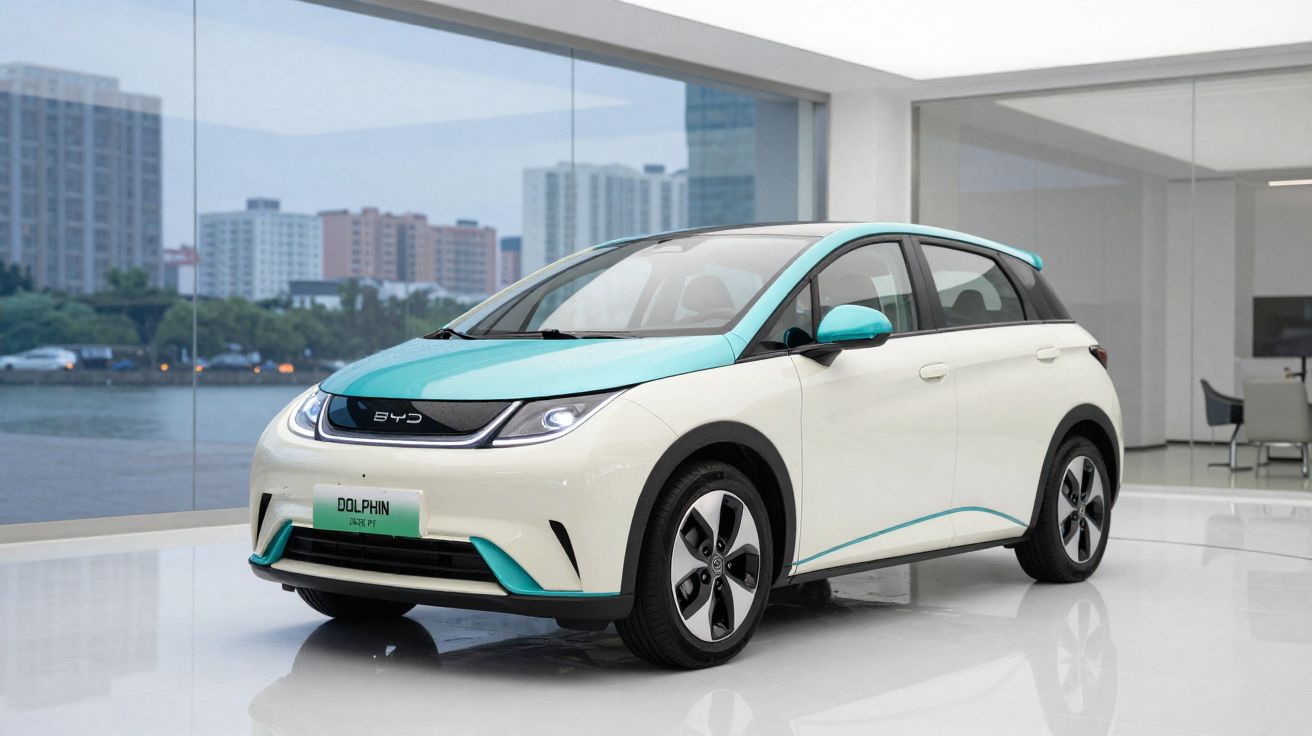 Carro elétrico BYD Dolphin branco e azul exibido em showroom com janelas amplas e cidade ao fundo.