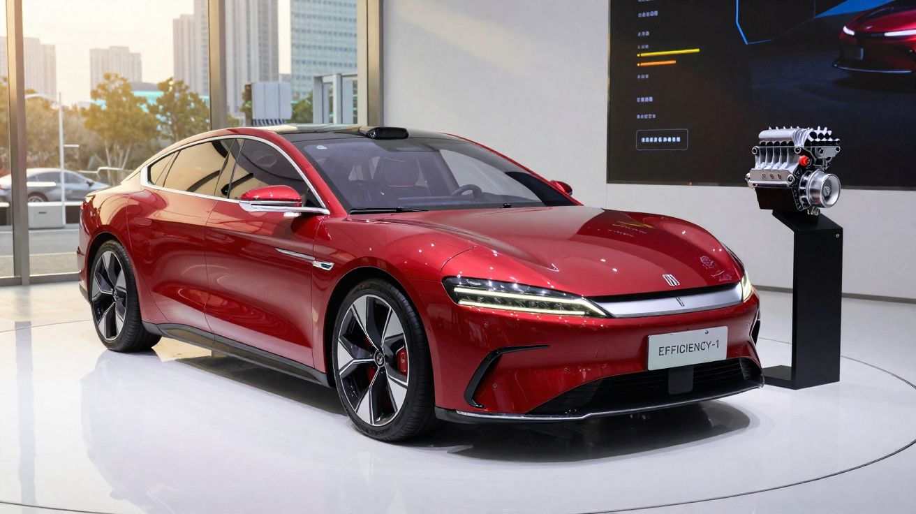 Carro elétrico vermelho esportivo em exposição interna com motor em pedestal ao lado direito.