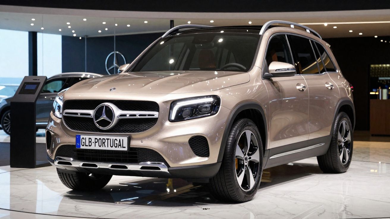SUV Mercedes-Benz GLB cor bege em exposição em showroom moderno com piso branco.