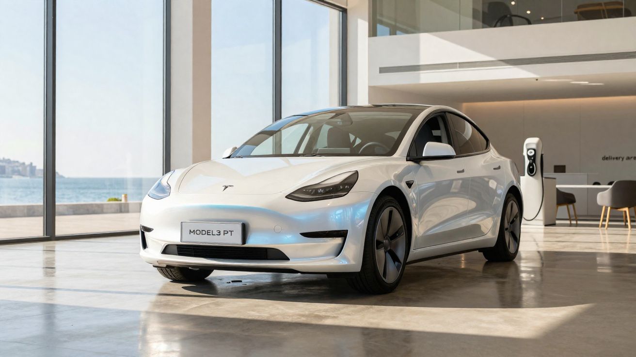 Carro elétrico branco Tesla Model 3 em showroom moderno com vista para o mar ao fundo.