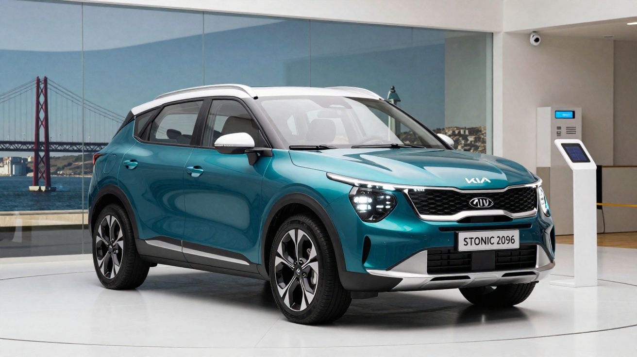 Carro SUV Kia Stonic azul com teto branco exposto em showroom com painel digital ao lado.