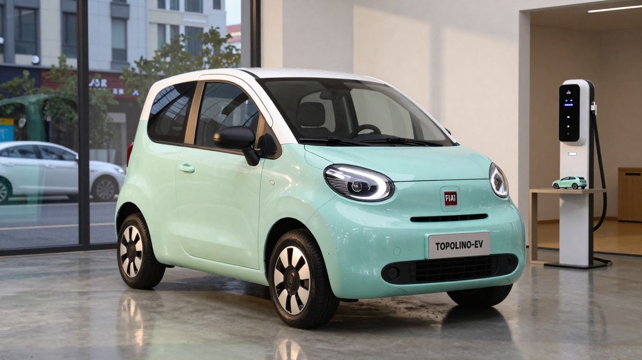 Carro elétrico compacto Fiat Topolino-EV verde claro exibido em showroom moderno.
