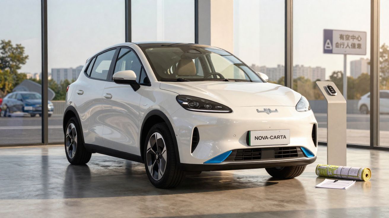 Carro elétrico branco modelo Nova-Carta exposto em ambiente interno moderno com piso reflexivo.